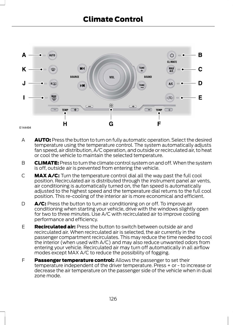 Climate control | FORD 2013 Fusion Hybrid v.1 User Manual | Page 128 / 461