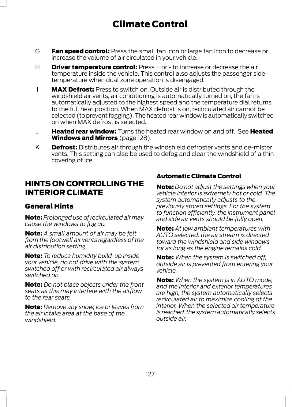 Hints on controlling the interior climate, Hints on controlling the interior, Climate | Climate control | FORD 2013 Fusion Hybrid v.1 User Manual | Page 129 / 461