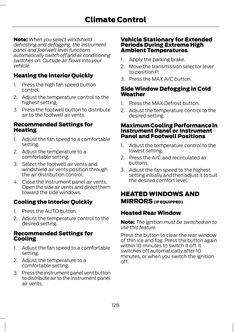 Heated windows and mirrors, Climate control | FORD 2013 Fusion Hybrid v.1 User Manual | Page 130 / 461