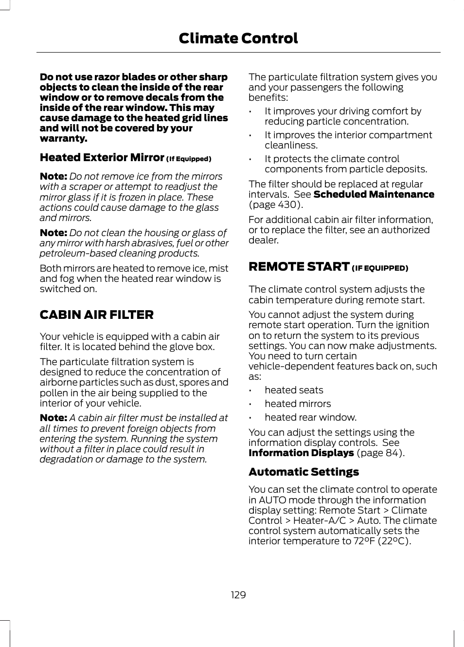 Cabin air filter, Remote start, Cabin air filter remote start | Climate control | FORD 2013 Fusion Hybrid v.1 User Manual | Page 131 / 461