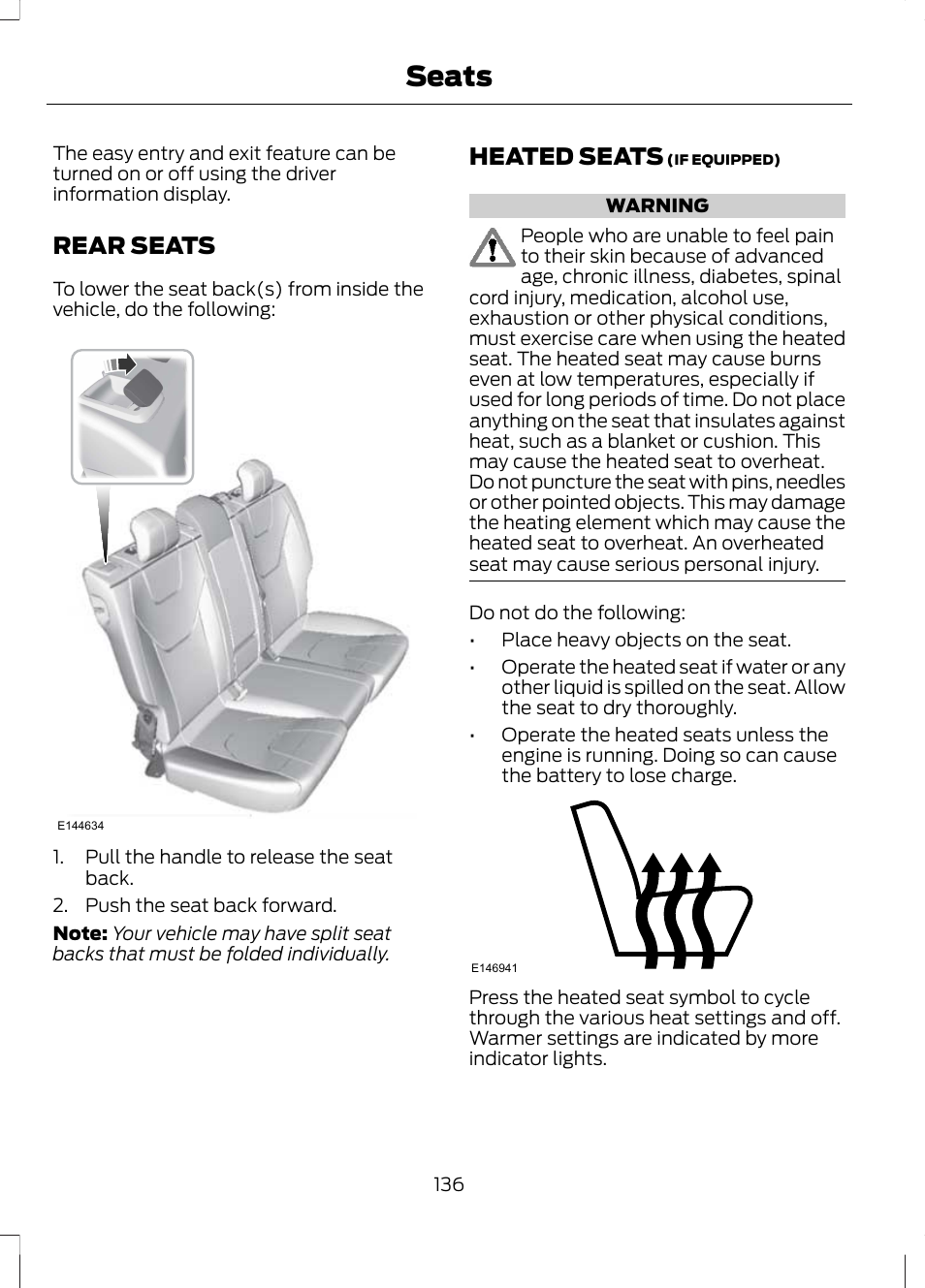Rear seats, Heated seats, Rear seats heated seats | Seats | FORD 2013 Fusion Hybrid v.1 User Manual | Page 138 / 461