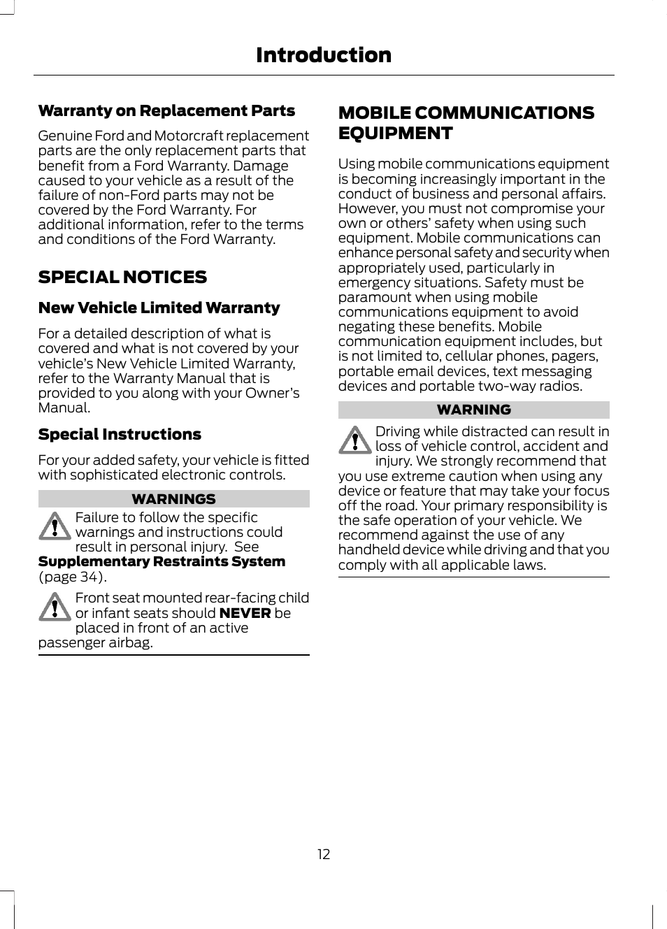 Special notices, Mobile communications equipment, Special notices mobile communications | Equipment, Introduction | FORD 2013 Fusion Hybrid v.1 User Manual | Page 14 / 461