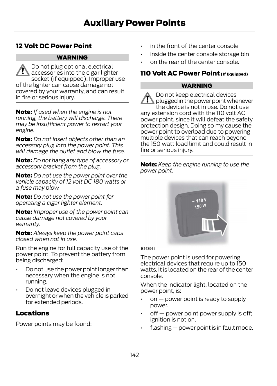 Auxiliary power points | FORD 2013 Fusion Hybrid v.1 User Manual | Page 144 / 461