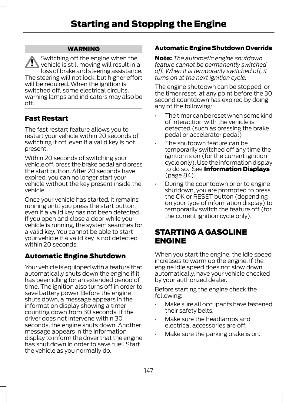 Starting a gasoline engine, Starting and stopping the engine | FORD 2013 Fusion Hybrid v.1 User Manual | Page 149 / 461