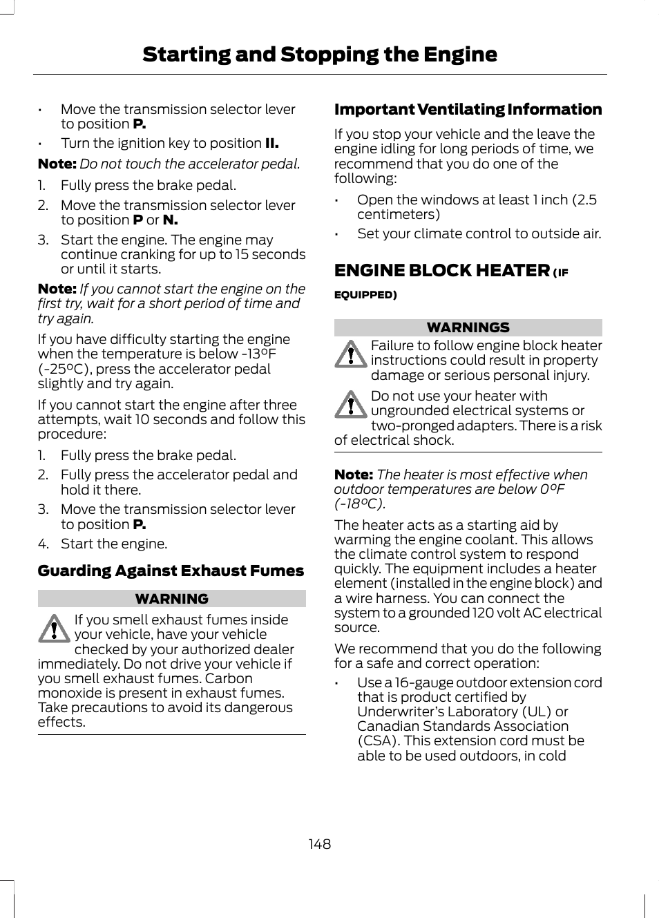 Engine block heater, Starting and stopping the engine | FORD 2013 Fusion Hybrid v.1 User Manual | Page 150 / 461