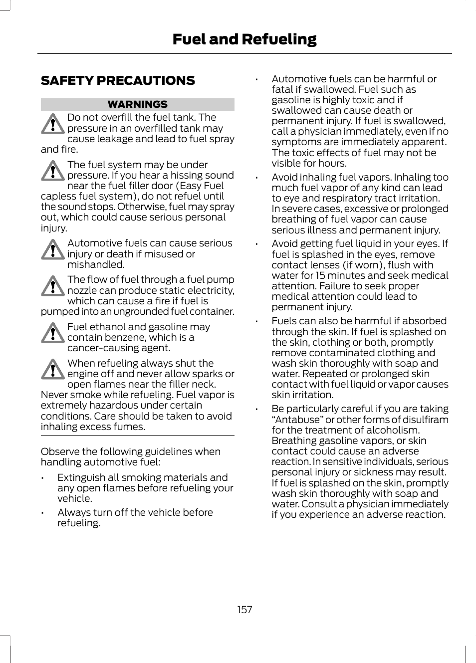 Fuel and refueling, Safety precautions | FORD 2013 Fusion Hybrid v.1 User Manual | Page 159 / 461