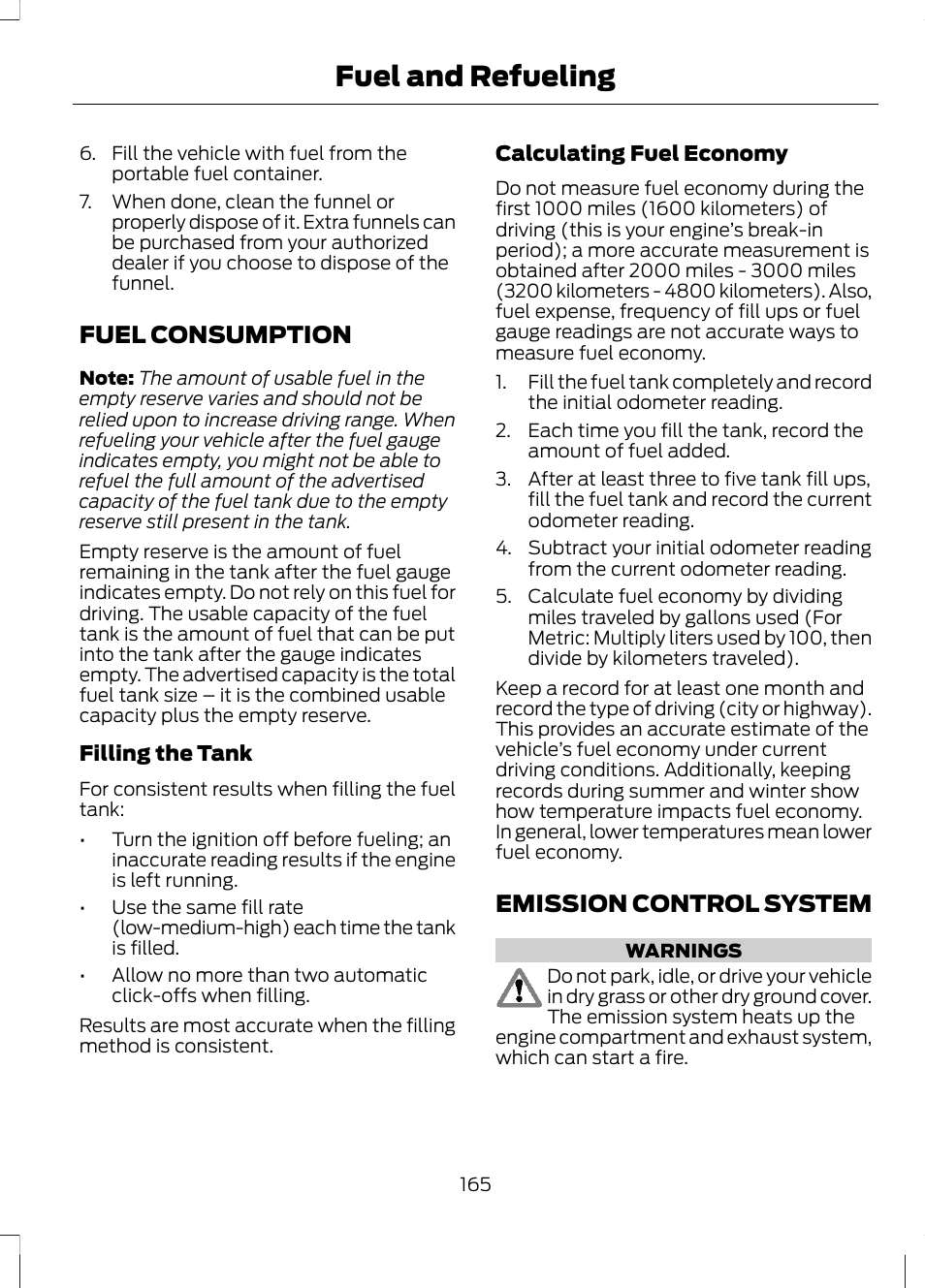 Fuel consumption, Emission control system, Fuel consumption emission control system | Fuel and refueling | FORD 2013 Fusion Hybrid v.1 User Manual | Page 167 / 461