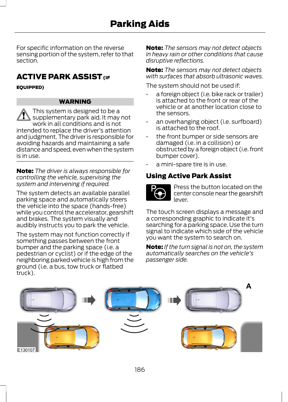 Active park assist, Parking aids | FORD 2013 Fusion Hybrid v.1 User Manual | Page 188 / 461