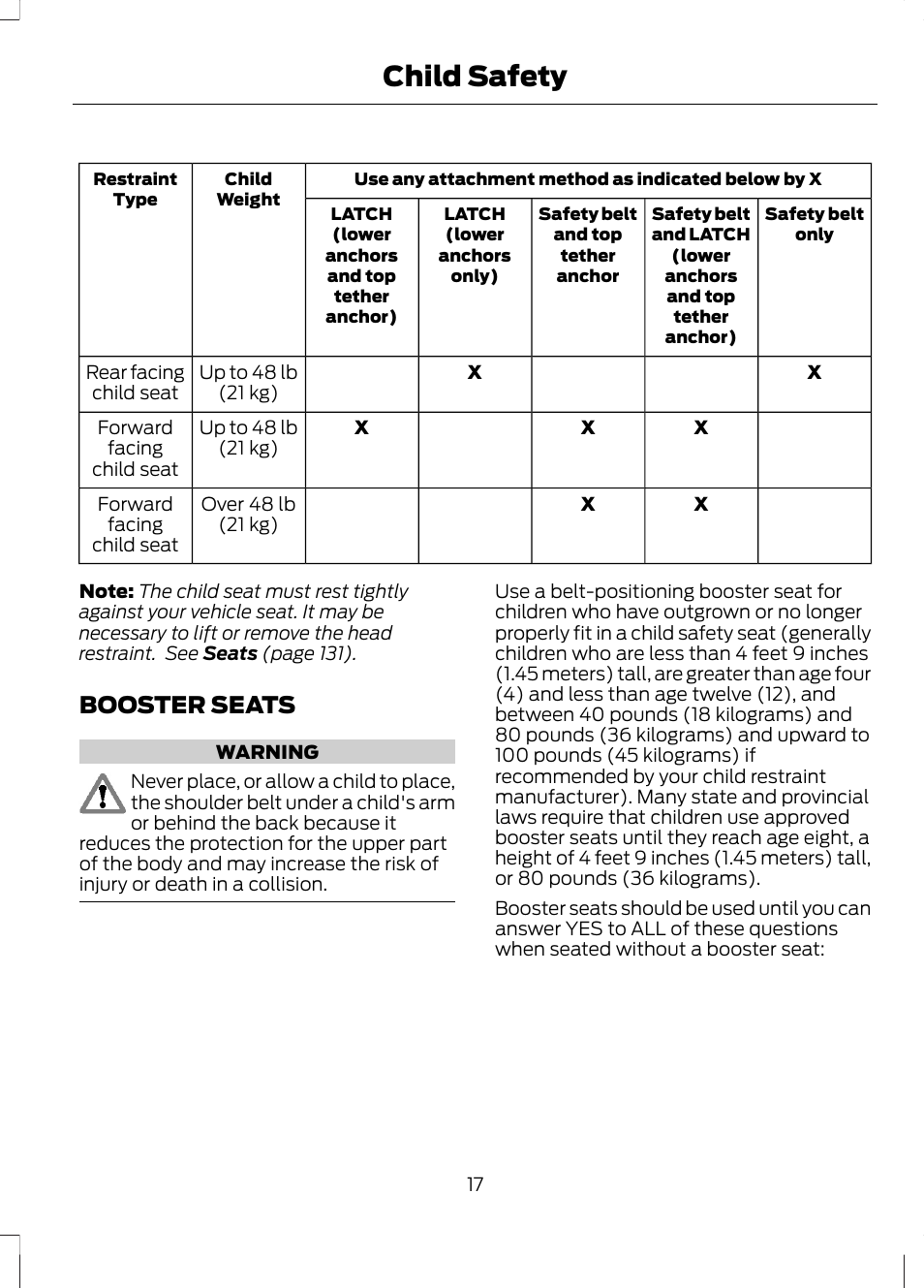 Booster seats, Child safety | FORD 2013 Fusion Hybrid v.1 User Manual | Page 19 / 461