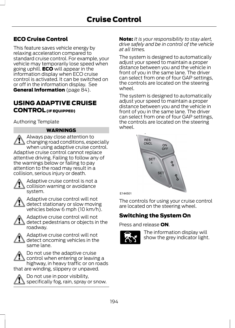 Using adaptive cruise control, See using adaptive cruise, Cruise control | FORD 2013 Fusion Hybrid v.1 User Manual | Page 196 / 461