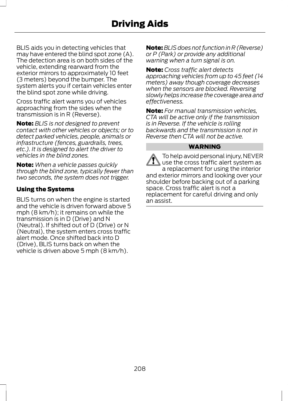 Driving aids | FORD 2013 Fusion Hybrid v.1 User Manual | Page 210 / 461