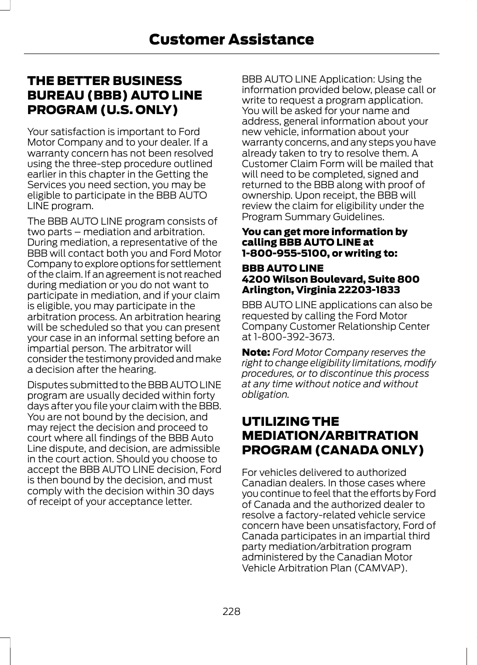 The better business bureau (bbb) auto, Line program (u.s. only), Utilizing the mediation/arbitration | Program (canada only), Customer assistance | FORD 2013 Fusion Hybrid v.1 User Manual | Page 230 / 461