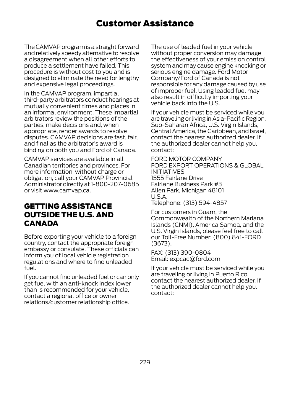 Getting assistance outside the u.s. and canada, Getting assistance outside the u.s. and, Canada | Customer assistance | FORD 2013 Fusion Hybrid v.1 User Manual | Page 231 / 461