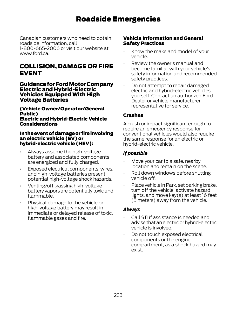 Collision, damage or fire event, Roadside emergencies | FORD 2013 Fusion Hybrid v.1 User Manual | Page 235 / 461