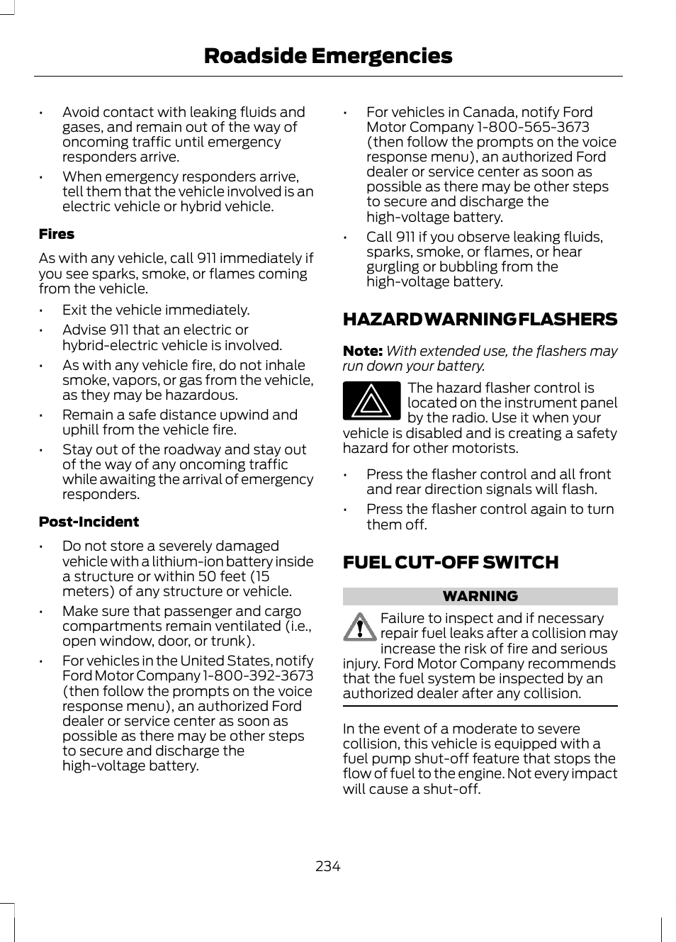 Hazard warning flashers, Fuel cut-off switch, Hazard warning flashers fuel cut-off switch | Roadside emergencies | FORD 2013 Fusion Hybrid v.1 User Manual | Page 236 / 461