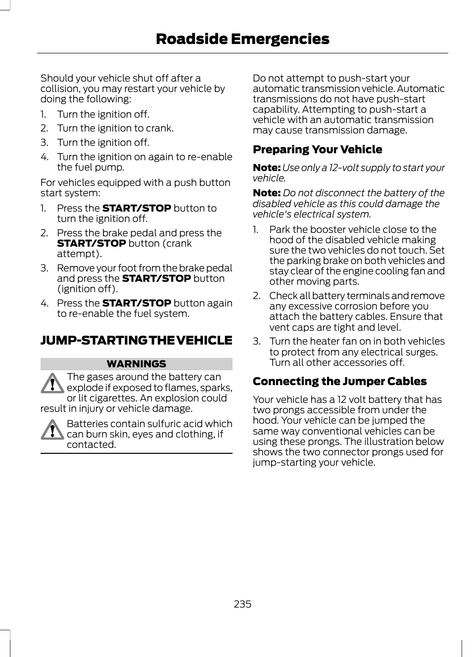 Jump-starting the vehicle, Roadside emergencies | FORD 2013 Fusion Hybrid v.1 User Manual | Page 237 / 461