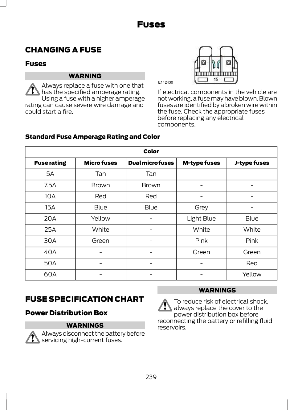 Fuses, Changing a fuse, Fuse specification chart | Changing a fuse fuse specification chart | FORD 2013 Fusion Hybrid v.1 User Manual | Page 241 / 461