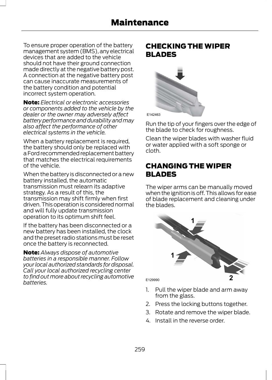 Checking the wiper blades, Changing the wiper blades, Maintenance | FORD 2013 Fusion Hybrid v.1 User Manual | Page 261 / 461
