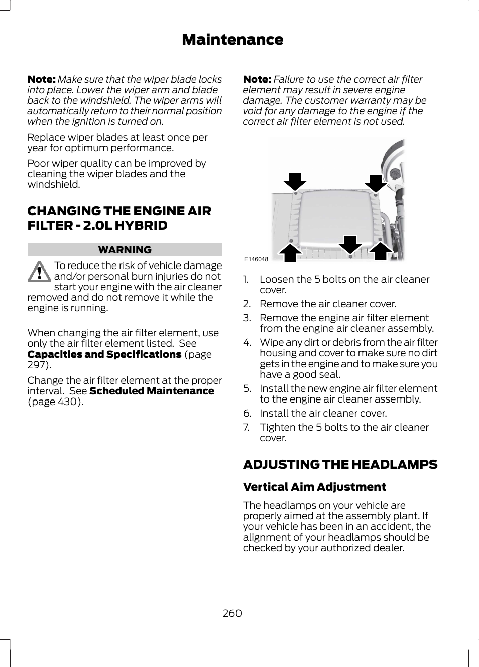 Changing the engine air filter, Adjusting the headlamps, Changing the engine air filter - 2.0l | Hybrid, Maintenance, Changing the engine air filter - 2.0l hybrid | FORD 2013 Fusion Hybrid v.1 User Manual | Page 262 / 461