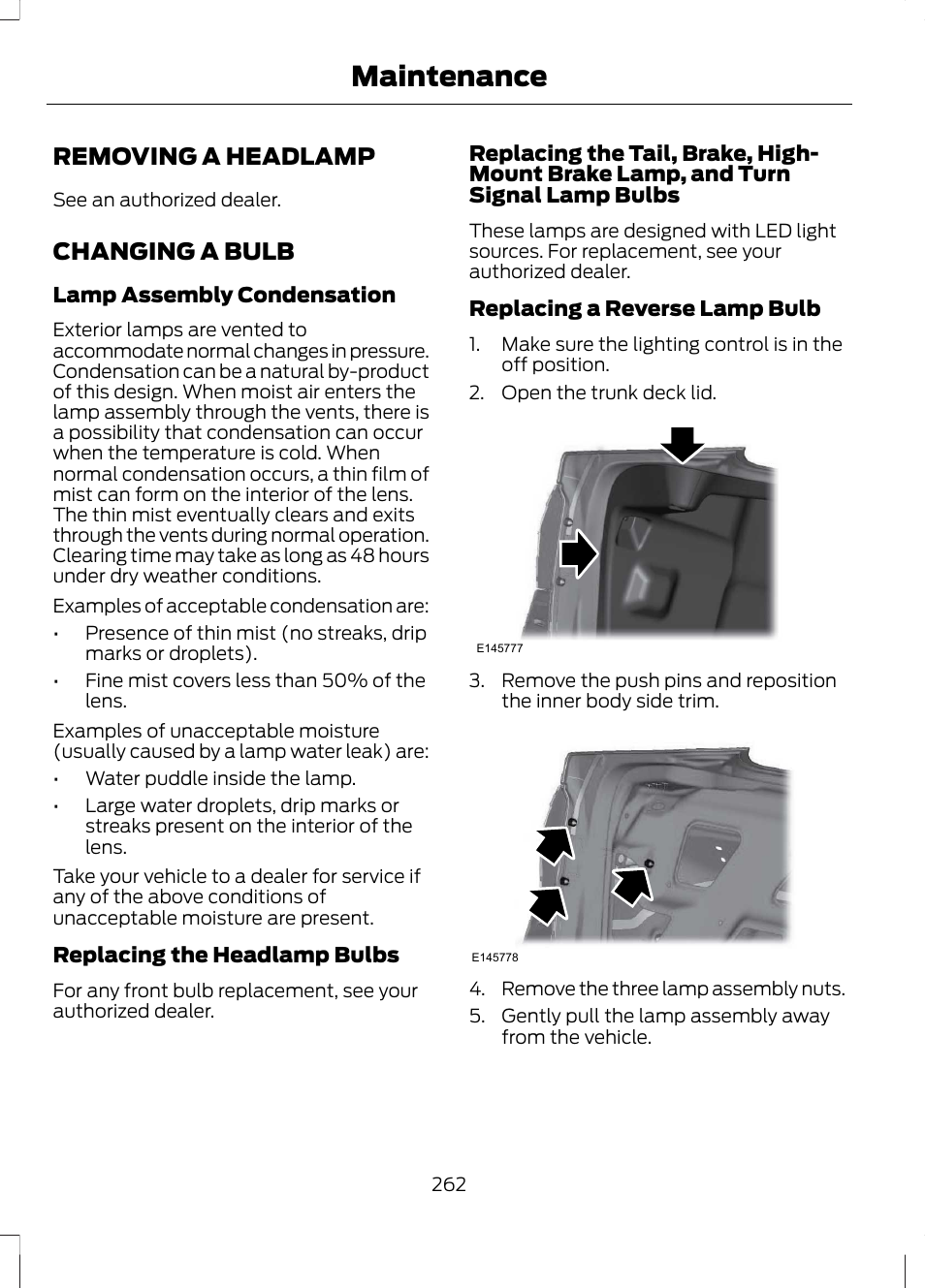 Removing a headlamp, Changing a bulb, Removing a headlamp changing a bulb | Maintenance | FORD 2013 Fusion Hybrid v.1 User Manual | Page 264 / 461