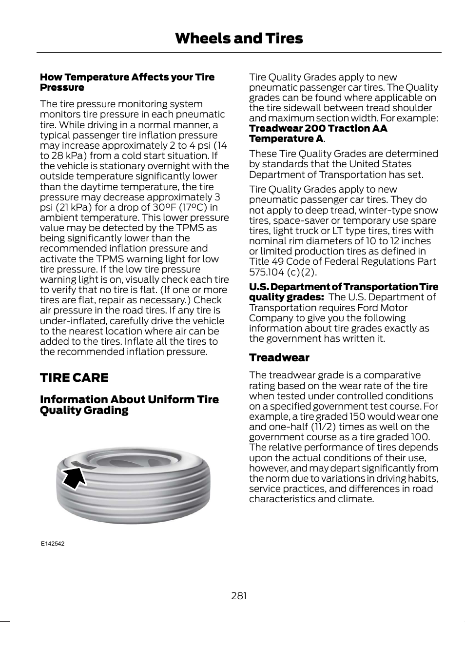 Tire care, Wheels and tires | FORD 2013 Fusion Hybrid v.1 User Manual | Page 283 / 461