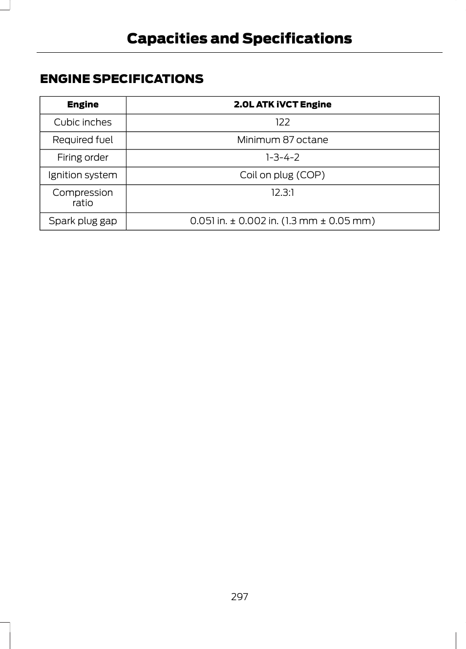 Capacities and specifications, Engine specifications, Capacities and specific | Ations | FORD 2013 Fusion Hybrid v.1 User Manual | Page 299 / 461