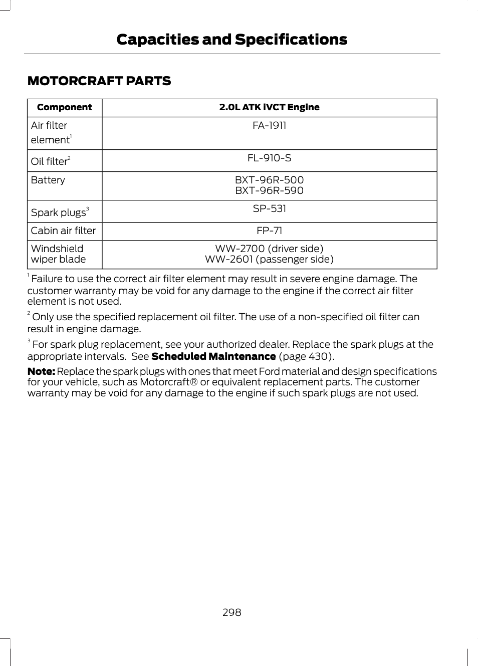 Motorcraft parts, Capacities and specifications | FORD 2013 Fusion Hybrid v.1 User Manual | Page 300 / 461