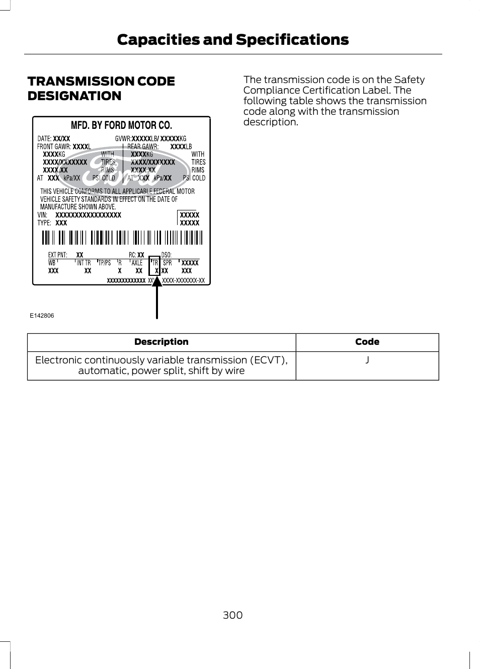 Transmission code designation, Capacities and specifications | FORD 2013 Fusion Hybrid v.1 User Manual | Page 302 / 461