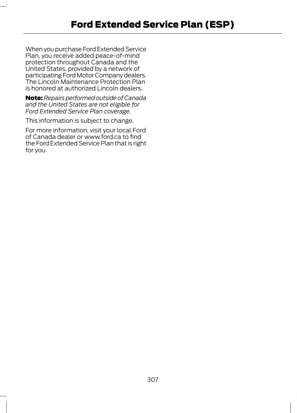 Ford extended service plan (esp) | FORD 2013 Fusion Hybrid v.1 User Manual | Page 309 / 461