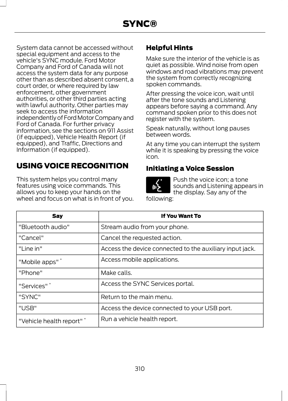 Using voice recognition, Sync | FORD 2013 Fusion Hybrid v.1 User Manual | Page 312 / 461