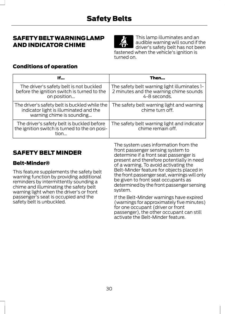 Safety belt warning lamp and indicator chime, Safety belt minder, Safety belt warning lamp and indicator | Chime, Safety belts | FORD 2013 Fusion Hybrid v.1 User Manual | Page 32 / 461