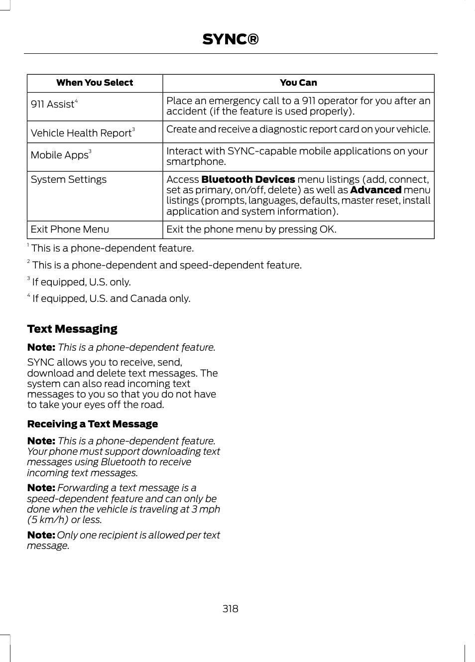Sync, Text messaging | FORD 2013 Fusion Hybrid v.1 User Manual | Page 320 / 461