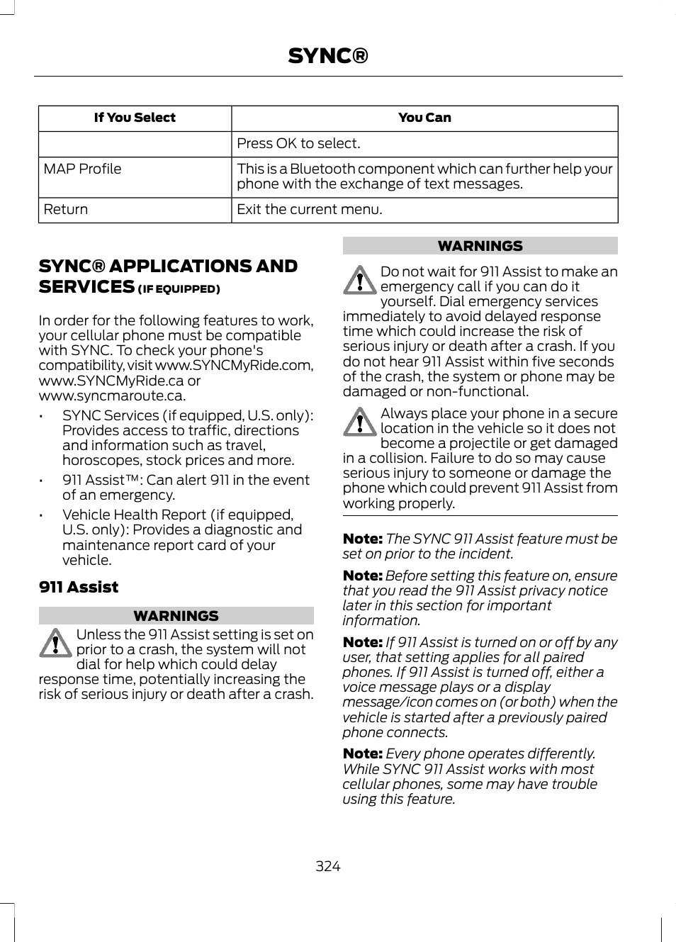 Sync® applications and services, Sync | FORD 2013 Fusion Hybrid v.1 User Manual | Page 326 / 461