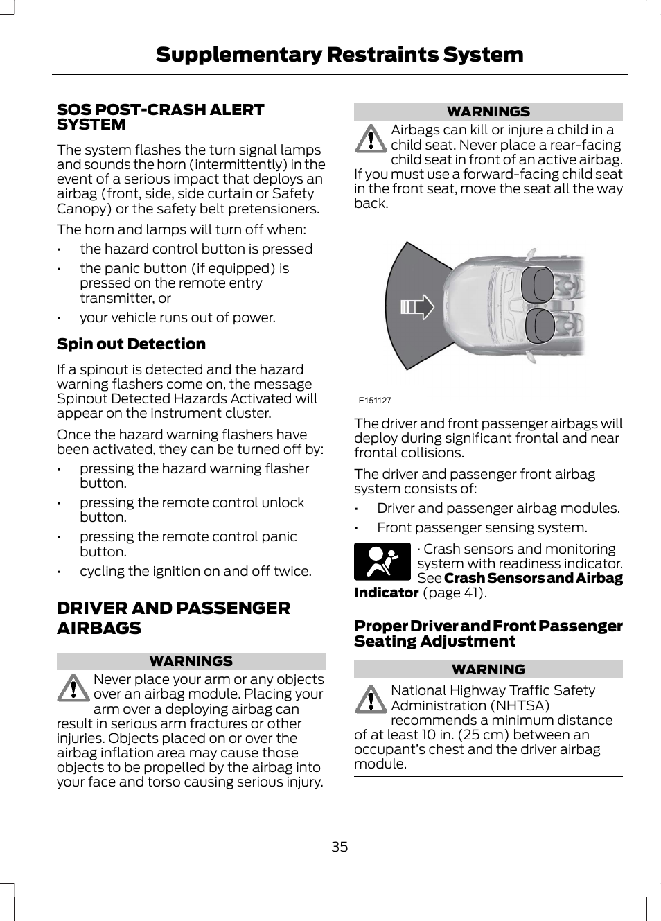 Driver and passenger airbags, Supplementary restraints system | FORD 2013 Fusion Hybrid v.1 User Manual | Page 37 / 461