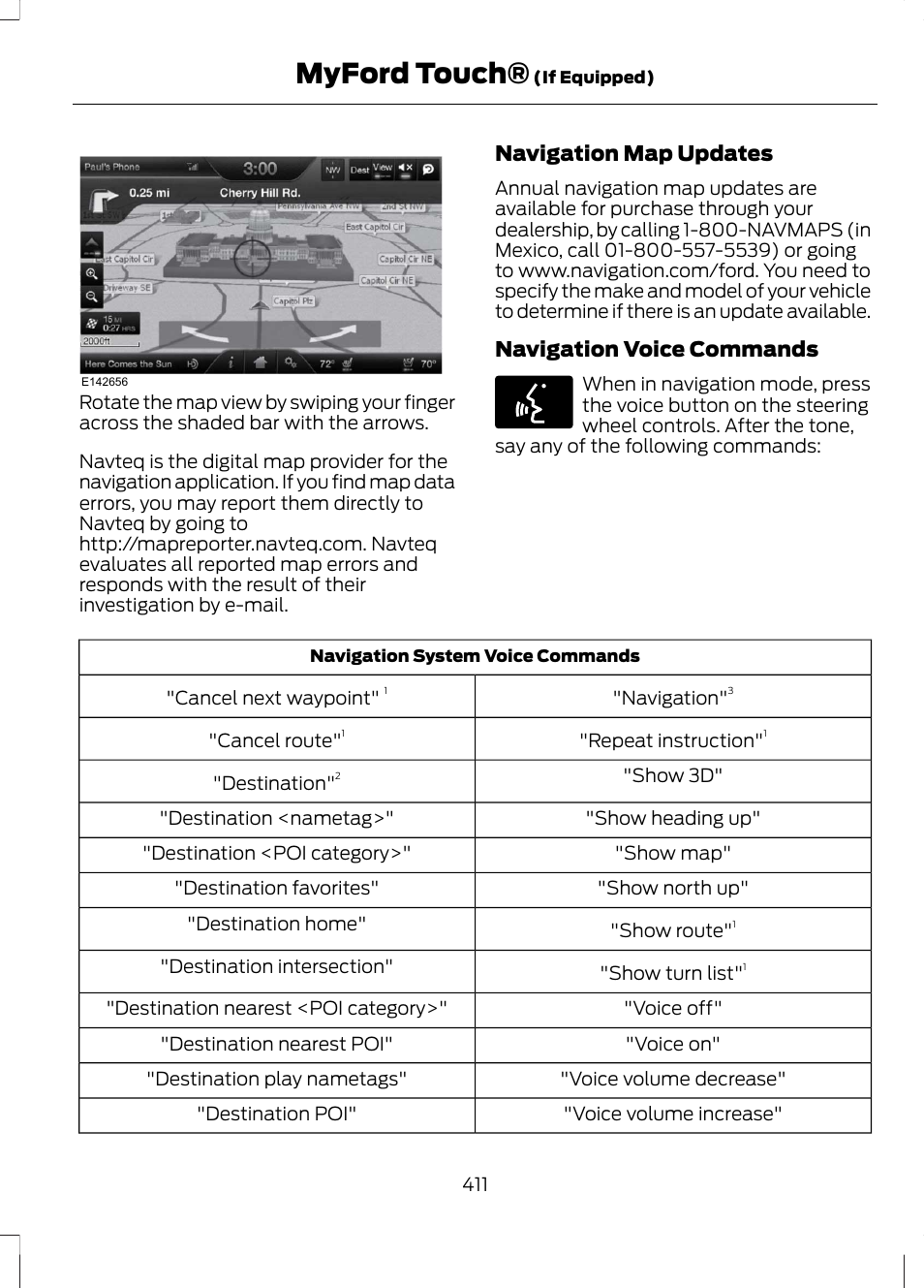 Myford touch, Navigation map updates, Navigation voice commands | FORD 2013 Fusion Hybrid v.1 User Manual | Page 413 / 461