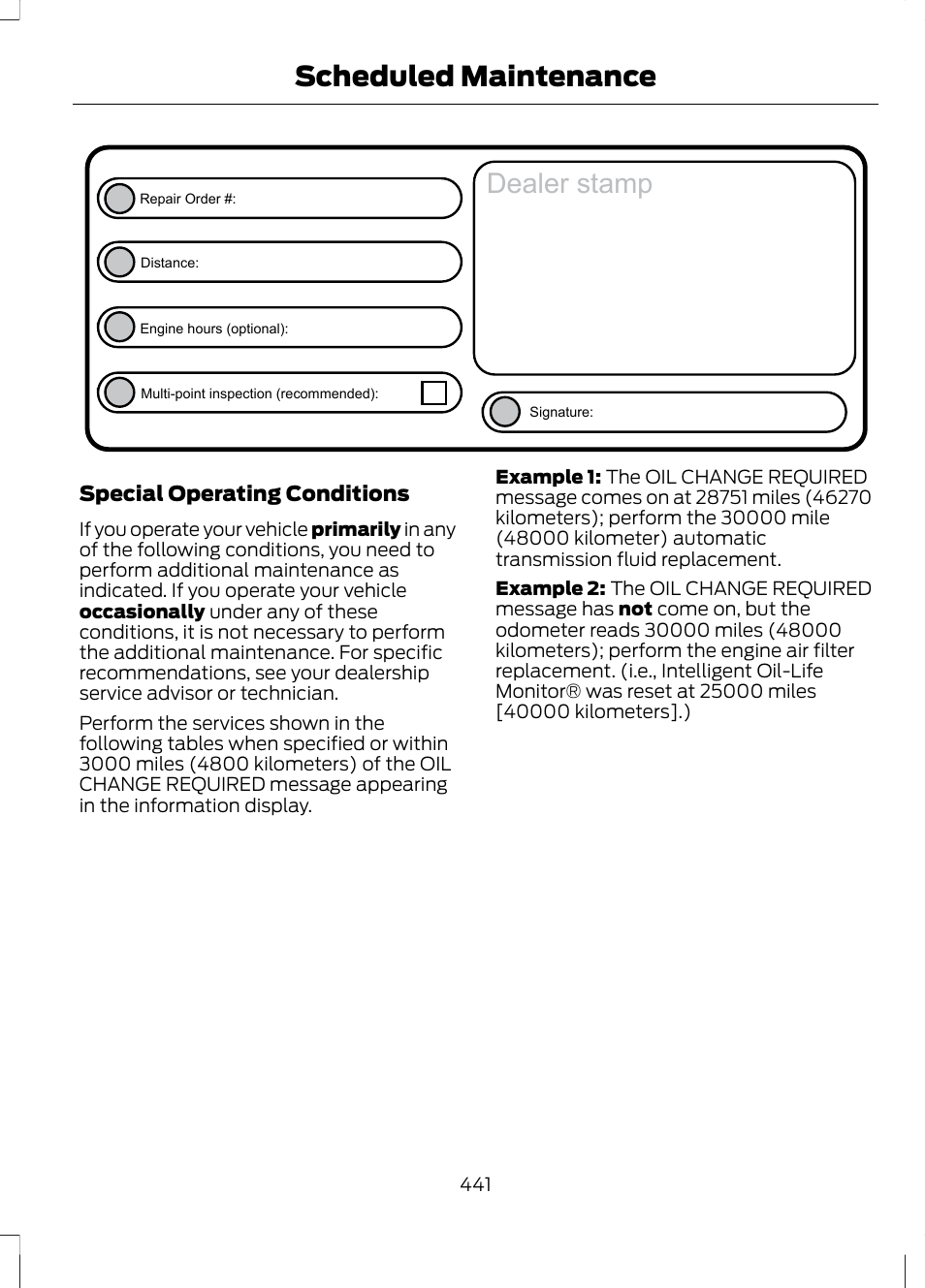 Dealer stamp, Scheduled maintenance | FORD 2013 Fusion Hybrid v.1 User Manual | Page 443 / 461