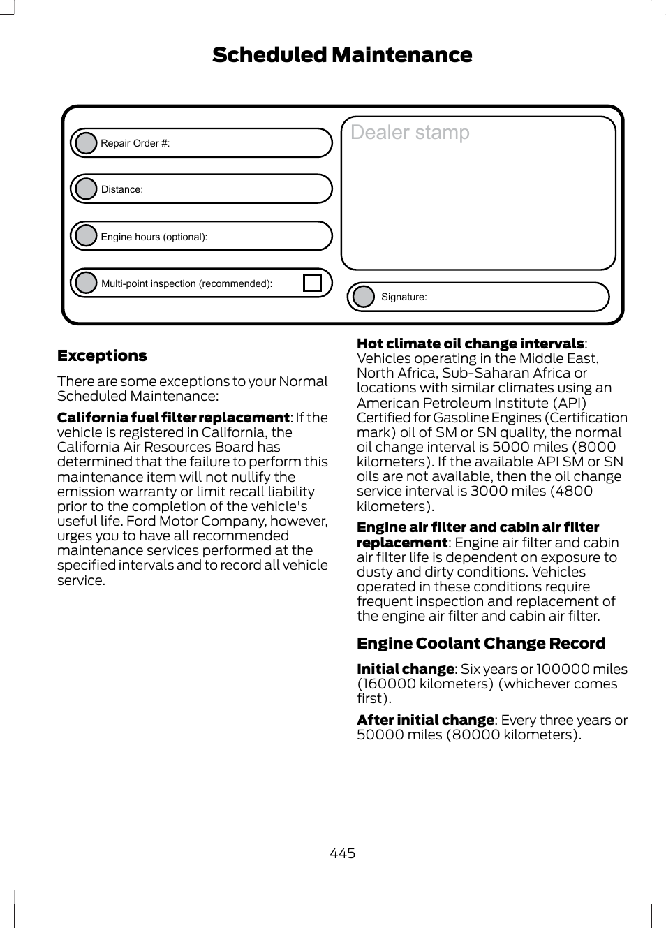 Dealer stamp, Scheduled maintenance | FORD 2013 Fusion Hybrid v.1 User Manual | Page 447 / 461