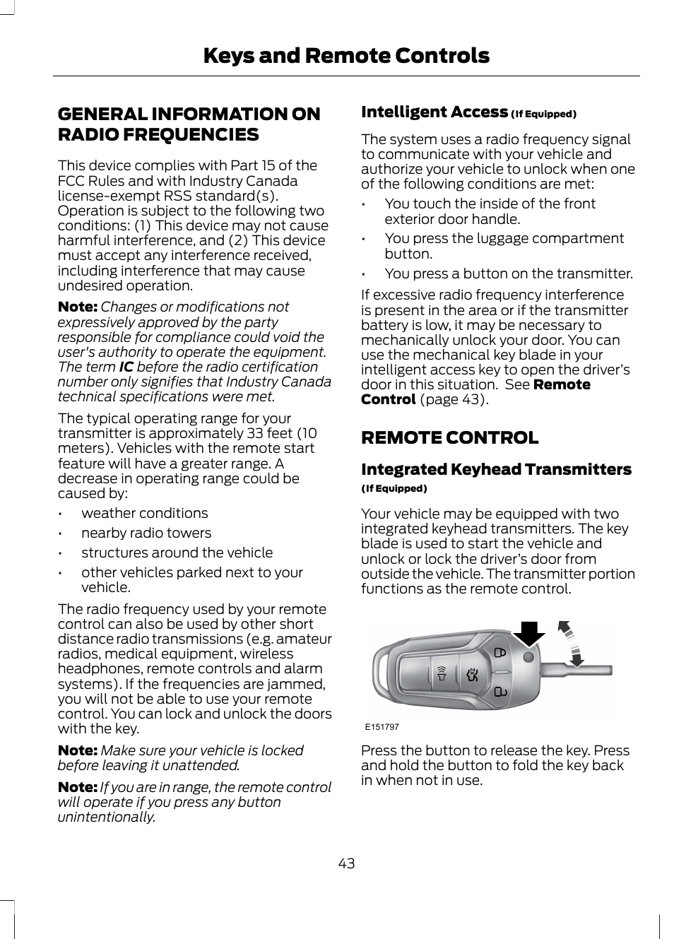 Keys and remote controls, General information on radio frequencies, Remote control | General information on radio, Frequencies | FORD 2013 Fusion Hybrid v.1 User Manual | Page 45 / 461