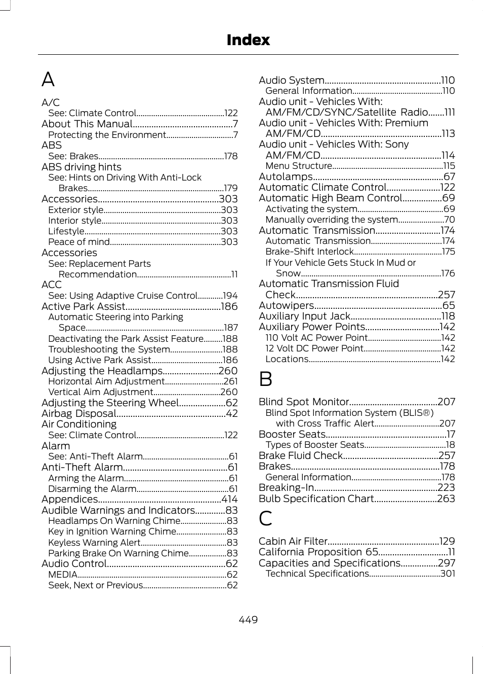 Index | FORD 2013 Fusion Hybrid v.1 User Manual | Page 451 / 461