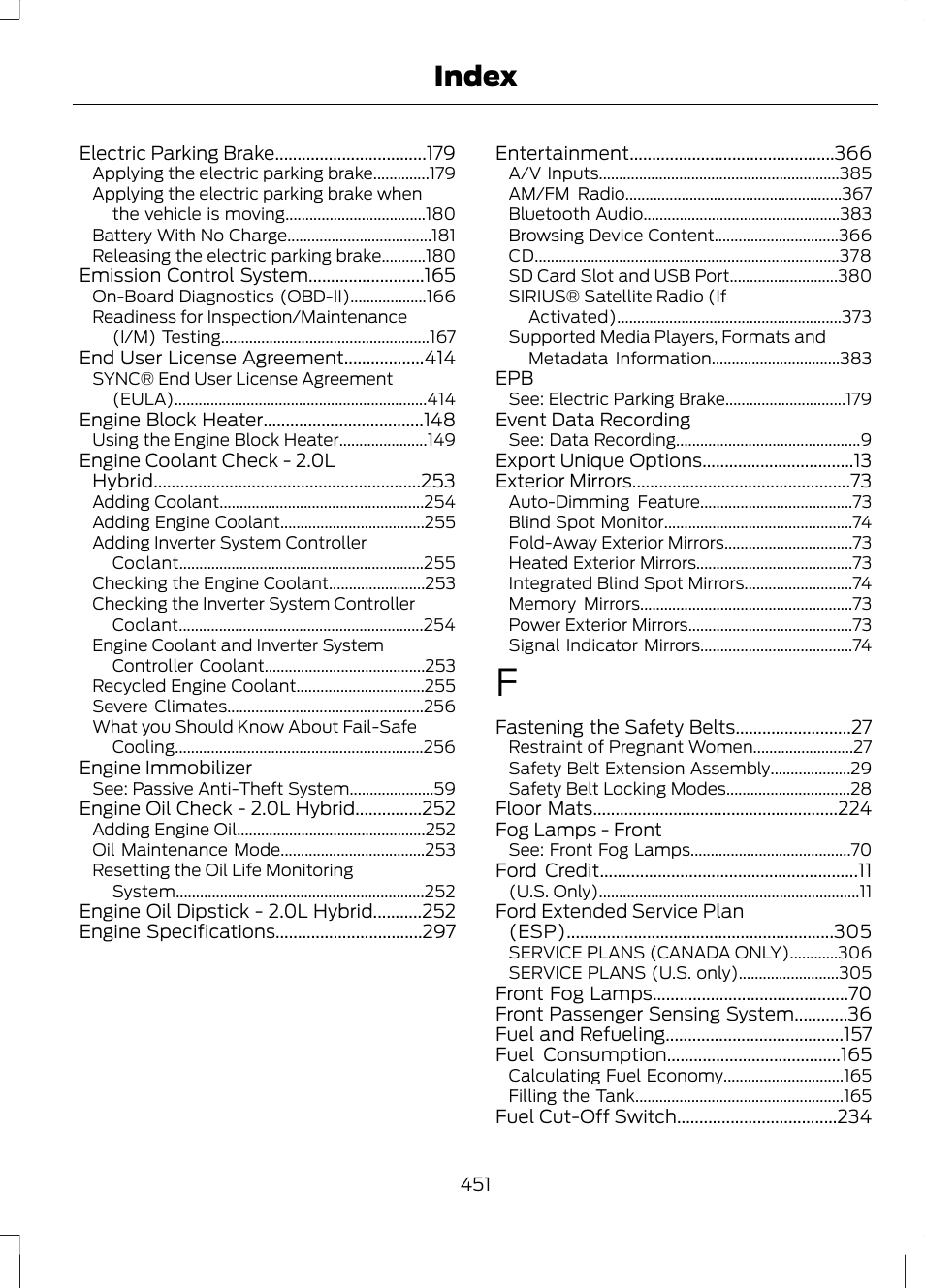 Index | FORD 2013 Fusion Hybrid v.1 User Manual | Page 453 / 461
