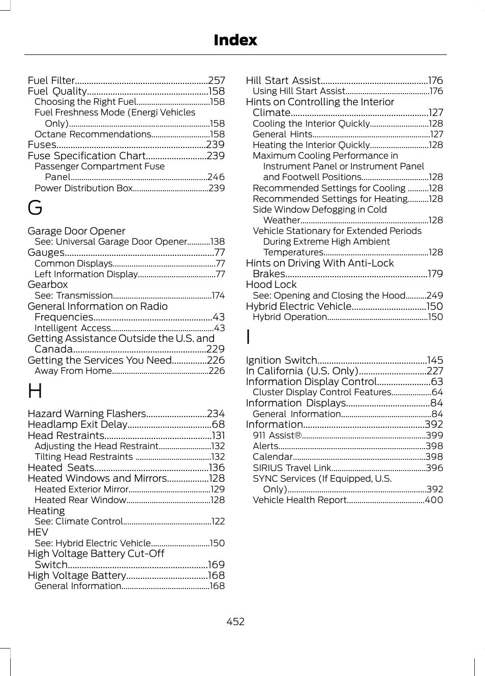 Index | FORD 2013 Fusion Hybrid v.1 User Manual | Page 454 / 461