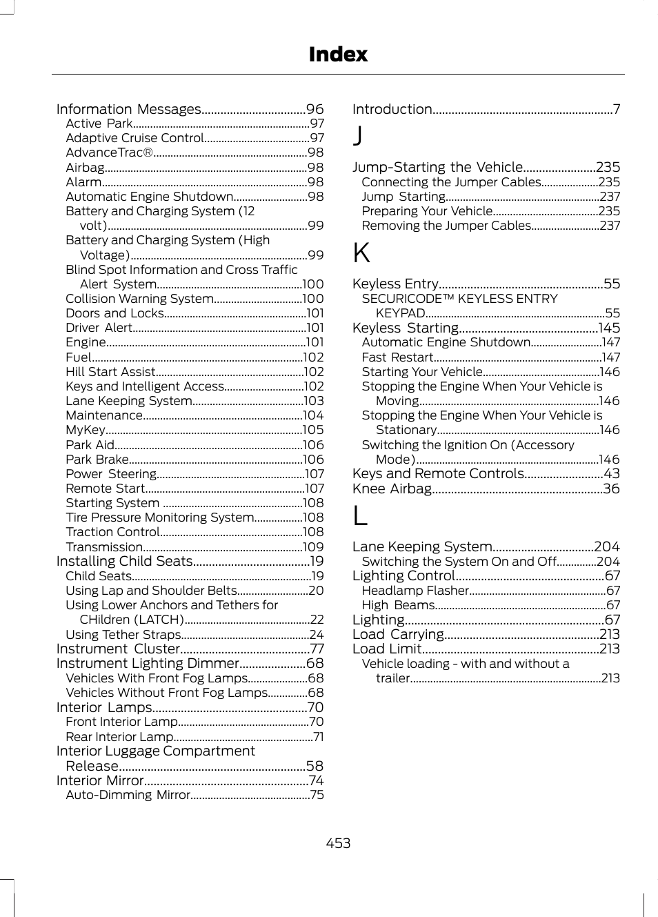 Index | FORD 2013 Fusion Hybrid v.1 User Manual | Page 455 / 461