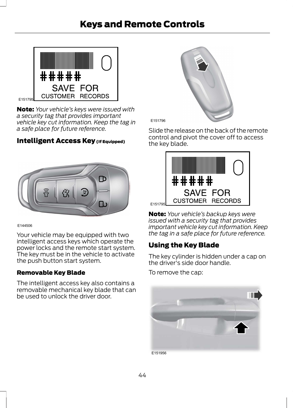 Keys and remote controls, Intelligent access key, Using the key blade | FORD 2013 Fusion Hybrid v.1 User Manual | Page 46 / 461