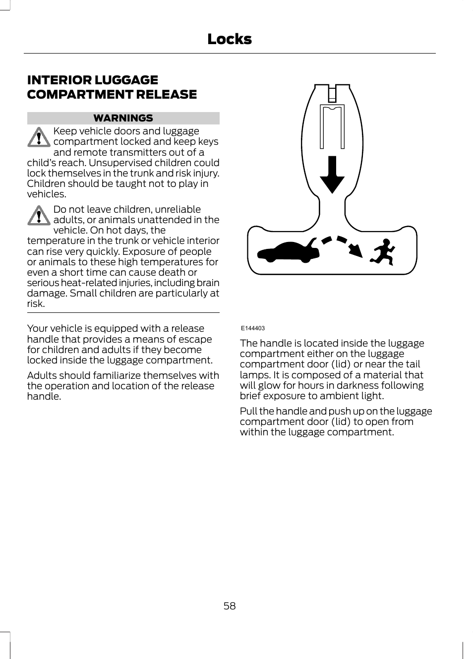Interior luggage compartment release, Interior luggage compartment, Release | Locks | FORD 2013 Fusion Hybrid v.1 User Manual | Page 60 / 461