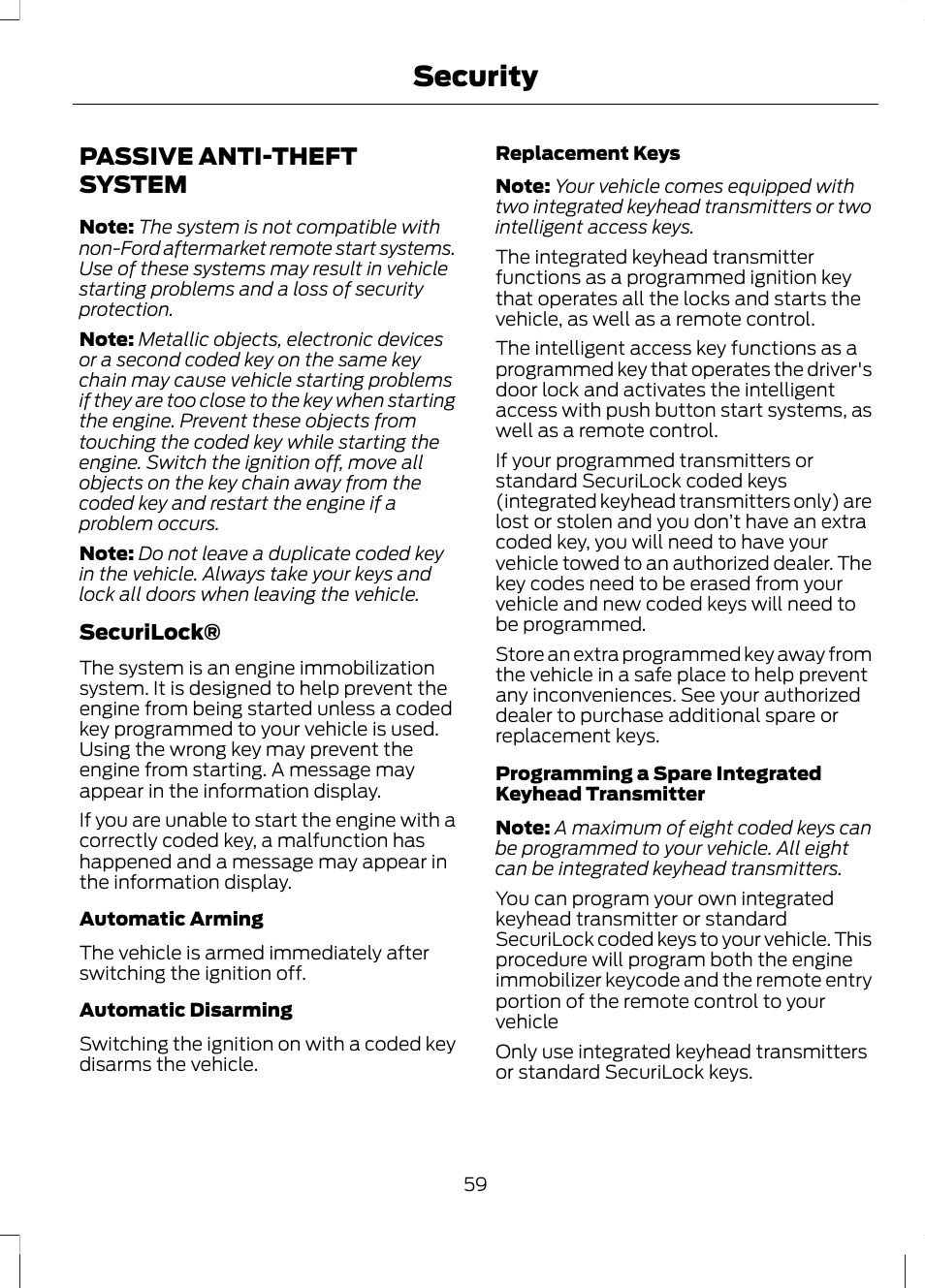 Security, Passive anti-theft system | FORD 2013 Fusion Hybrid v.1 User Manual | Page 61 / 461