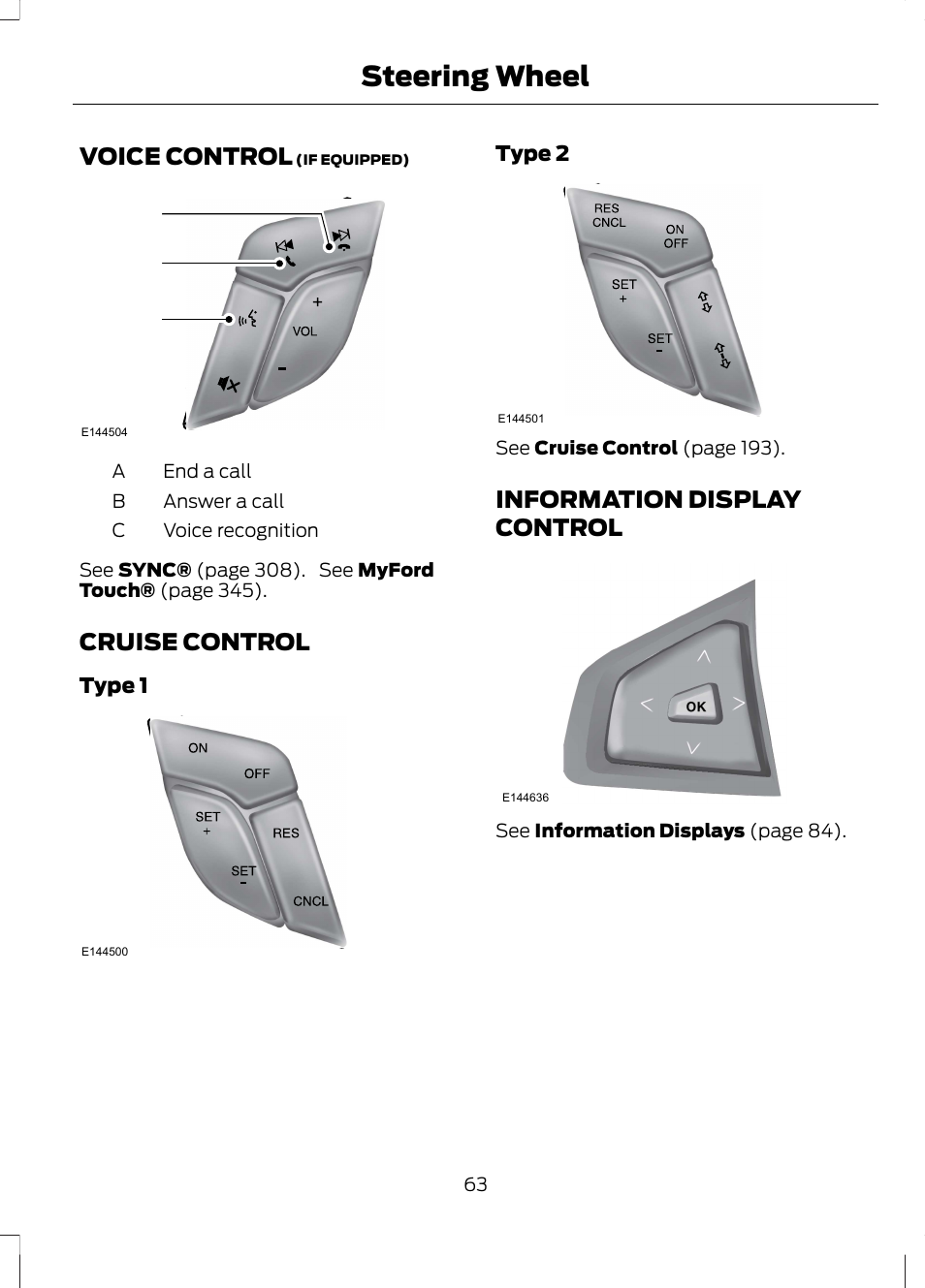 Voice control, Cruise control, Information display control | Steering wheel, Ba c | FORD 2013 Fusion Hybrid v.1 User Manual | Page 65 / 461