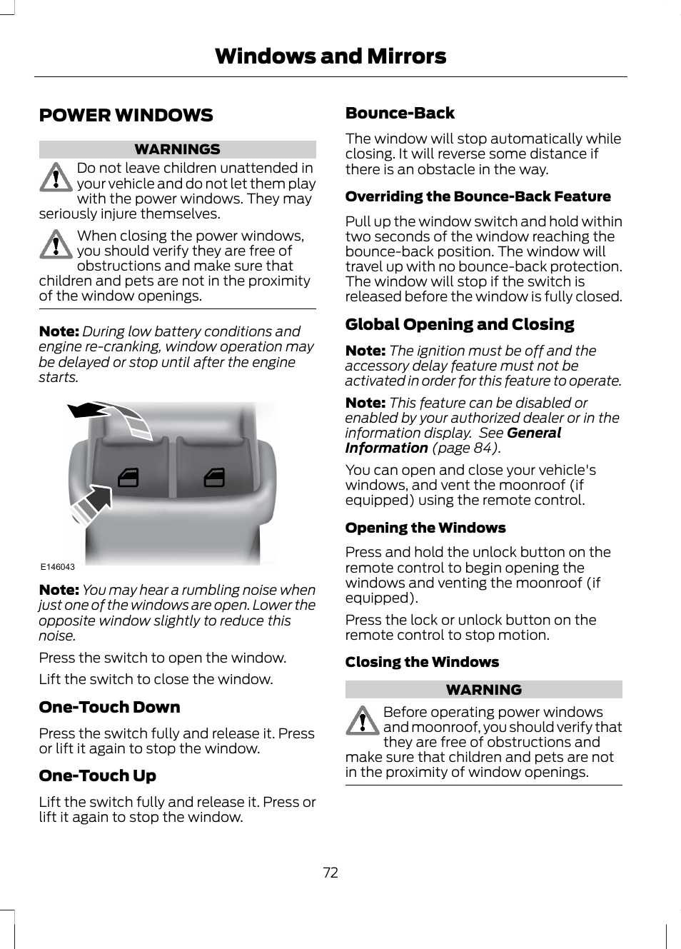 Windows and mirrors, Power windows | FORD 2013 Fusion Hybrid v.1 User Manual | Page 74 / 461