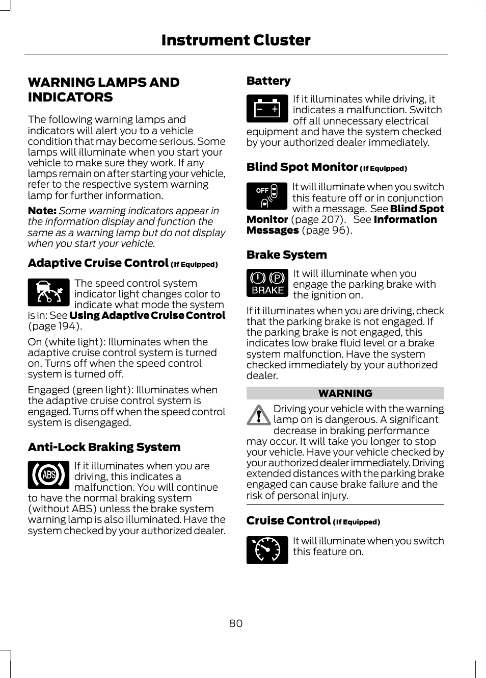 Warning lamps and indicators, Instrument cluster | FORD 2013 Fusion Hybrid v.1 User Manual | Page 82 / 461