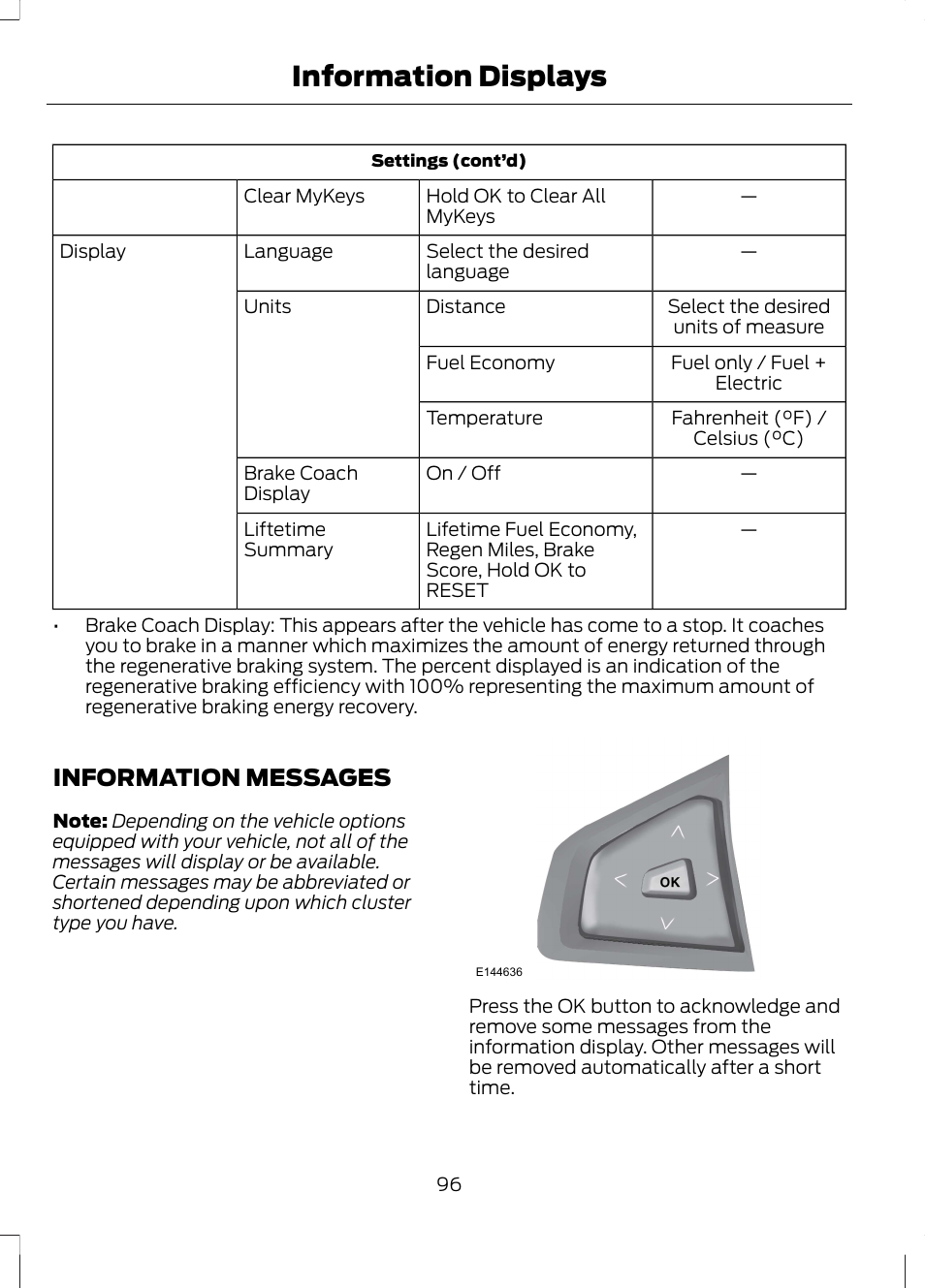 Information messages, Information displays | FORD 2013 Fusion Hybrid v.1 User Manual | Page 98 / 461