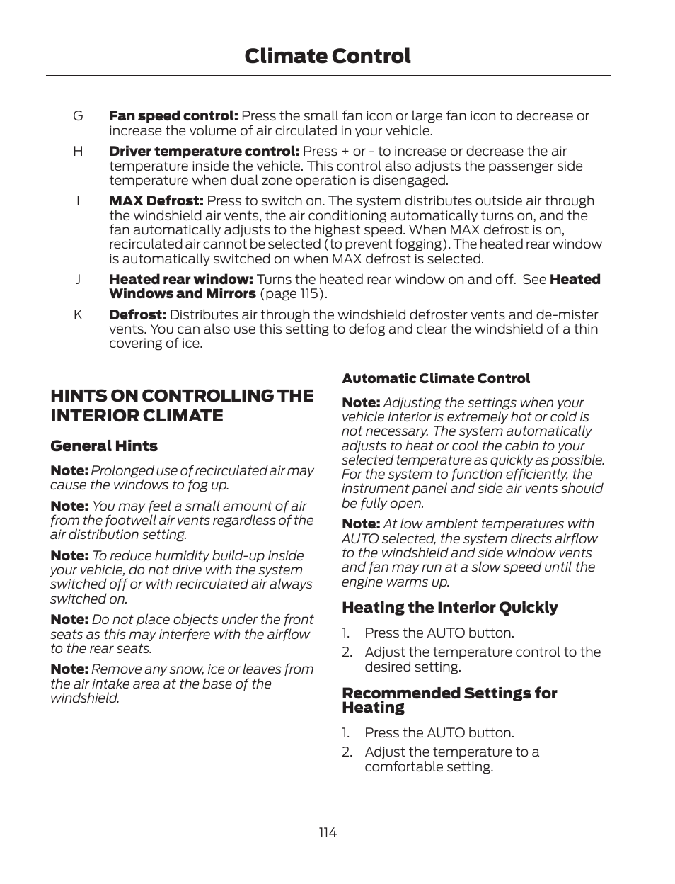 Climate control, Hints on controlling the interior climate | FORD 2013 Fusion Hybrid v.2 User Manual | Page 117 / 470